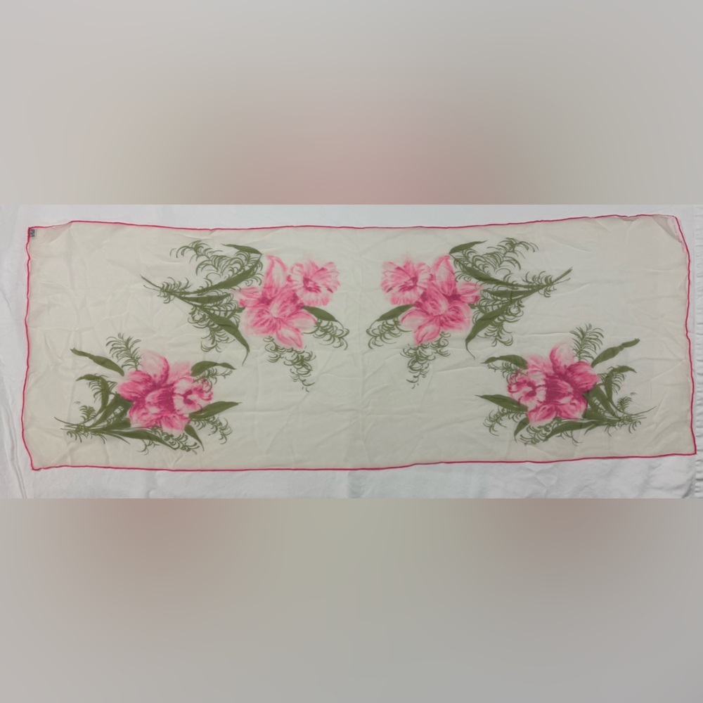 ECHO Pink Floral Silk Scarf Hand Rolled Japan Made Cottagecore
